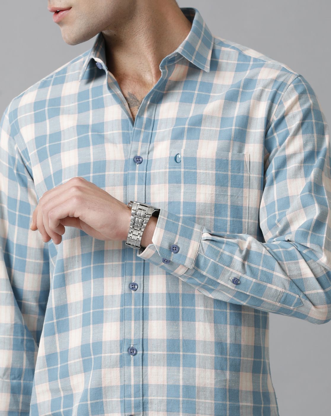 Men's Blended Linen Blue Checked Contemporary Fit Full Sleeve Casual Shirt