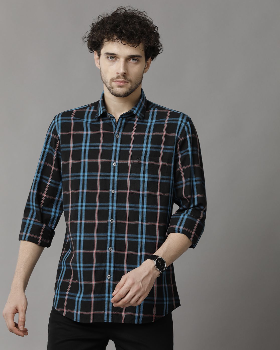 Men's Blended Linen Turquoise Blue Checked Contemporary Fit Full Sleeve Sleeve Casual Shirt