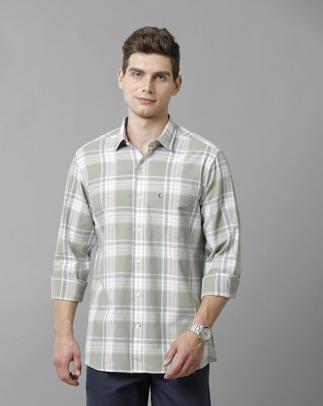 Men's Blended Linen Green Checked Contemporary Fit Full Sleeve Sleeve Casual Shirt