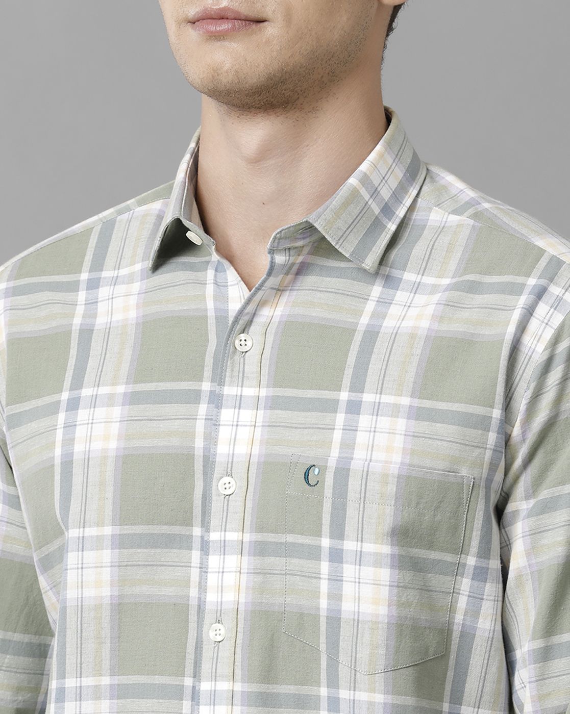 Men's Blended Linen Green Checked Contemporary Fit Full Sleeve Sleeve Casual Shirt