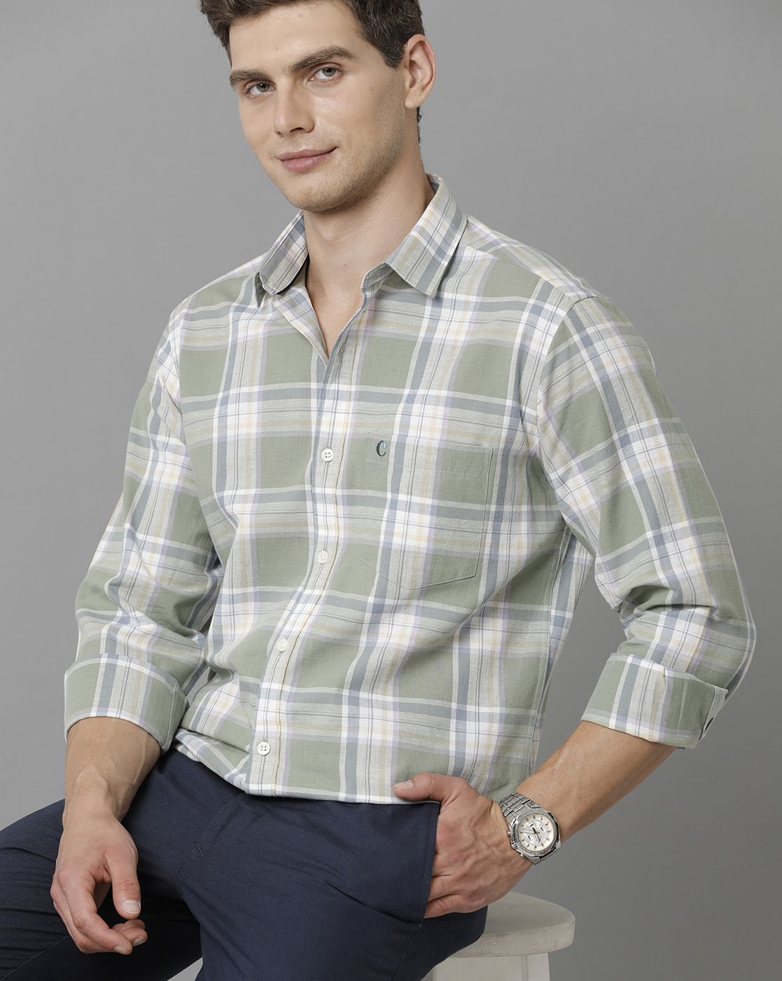 Men's Blended Linen Green Checked Contemporary Fit Full Sleeve Sleeve Casual Shirt