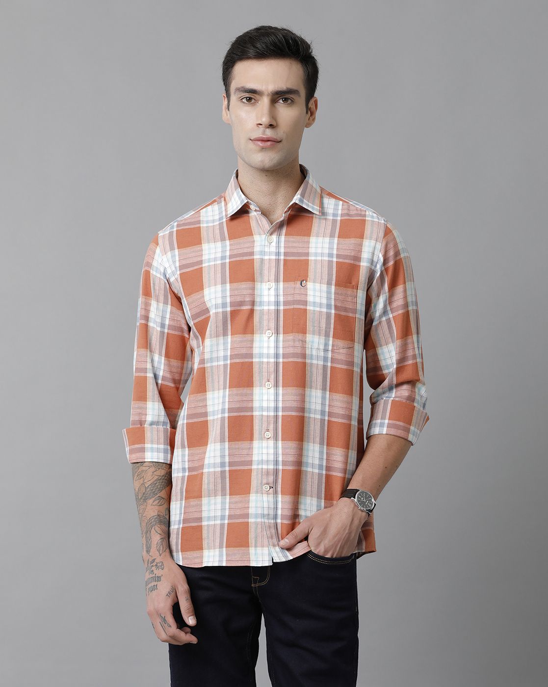 Men's Blended Linen Red Checked Contemporary Fit Full Sleeve Sleeve Casual Shirt
