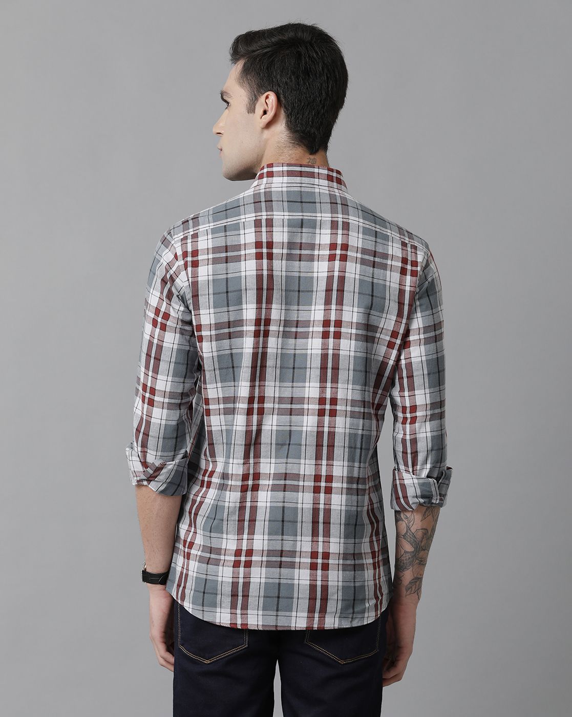 Men's Blended Linen Maroon Checked Contemporary Fit Full Sleeve Sleeve Casual Shirt