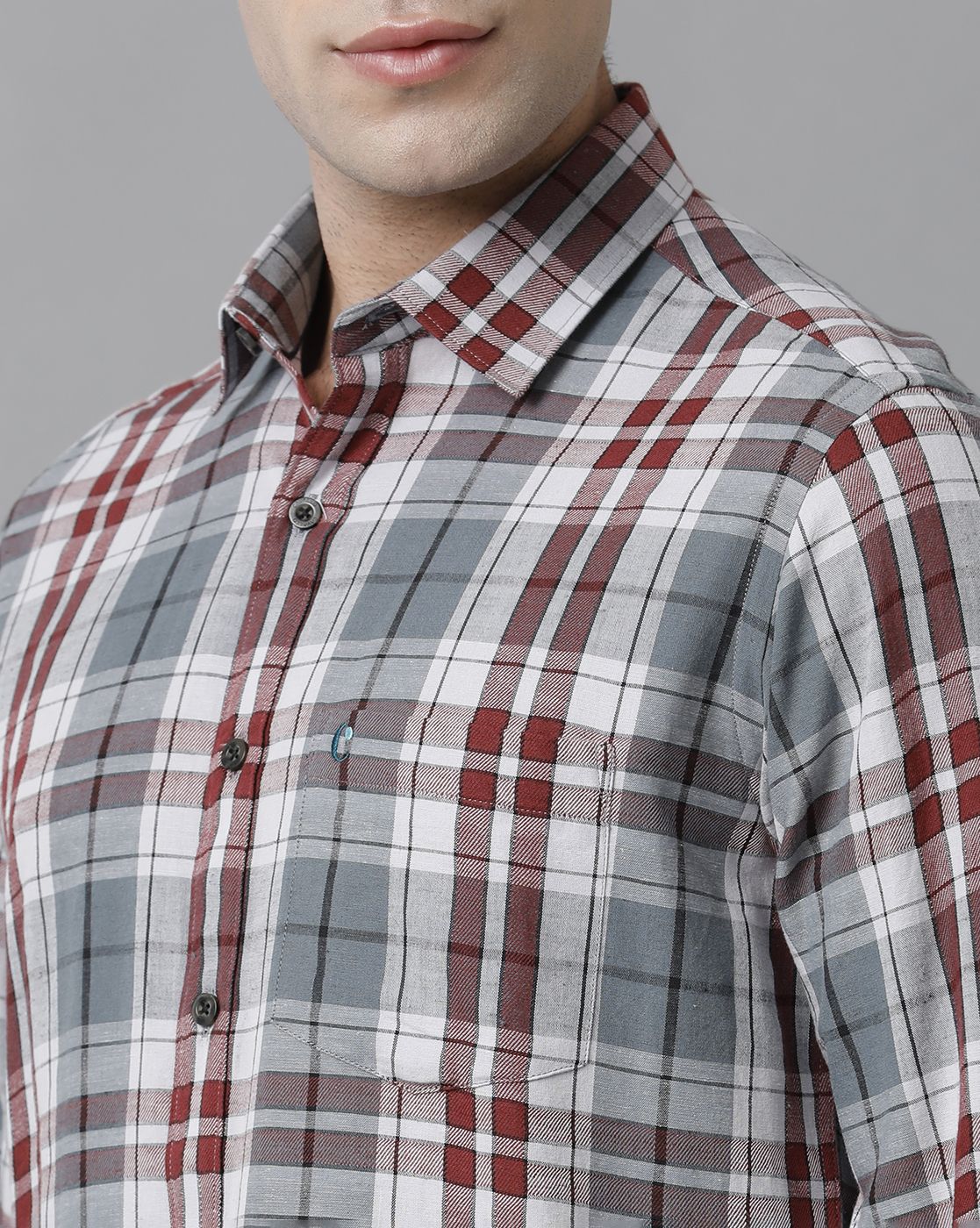 Men's Blended Linen Maroon Checked Contemporary Fit Full Sleeve Sleeve Casual Shirt