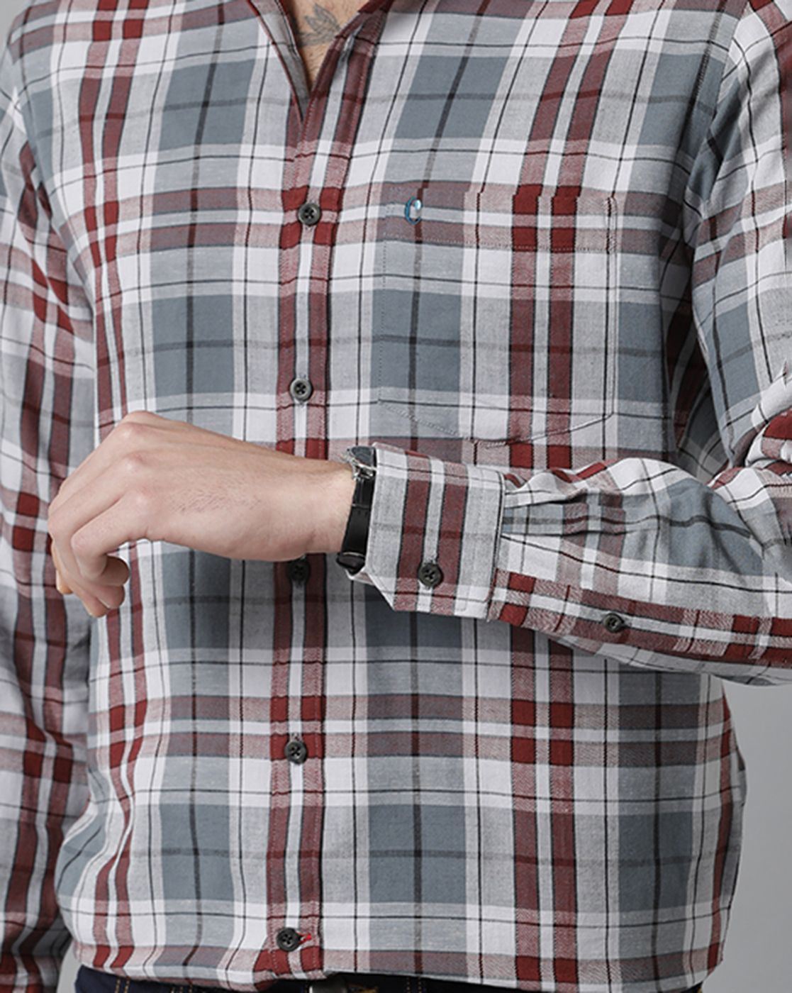 Men's Blended Linen Maroon Checked Contemporary Fit Full Sleeve Sleeve Casual Shirt