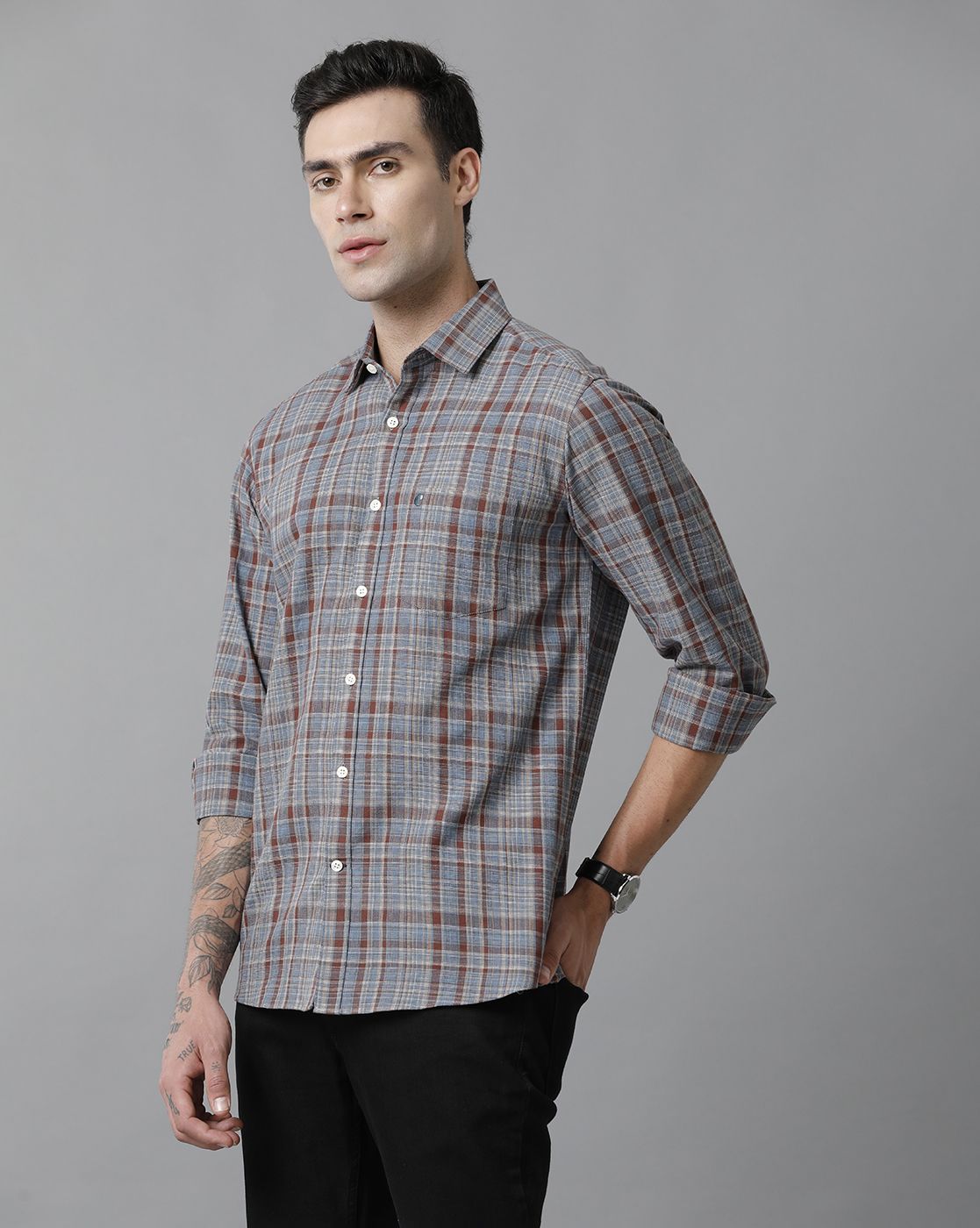 Men's Blended Linen Brown Checked Contemporary Fit Full Sleeve Sleeve Casual Shirt