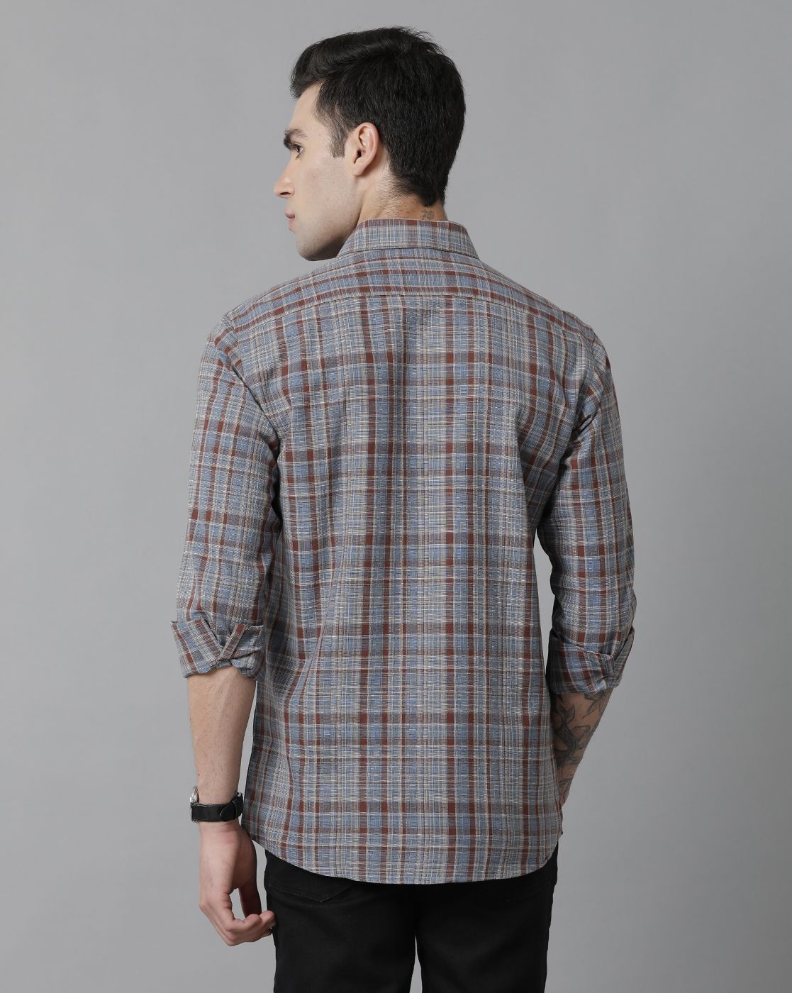 Men's Blended Linen Brown Checked Contemporary Fit Full Sleeve Sleeve Casual Shirt