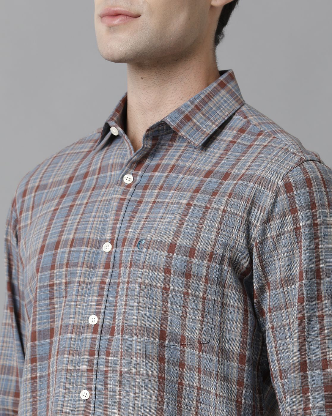 Men's Blended Linen Brown Checked Contemporary Fit Full Sleeve Sleeve Casual Shirt