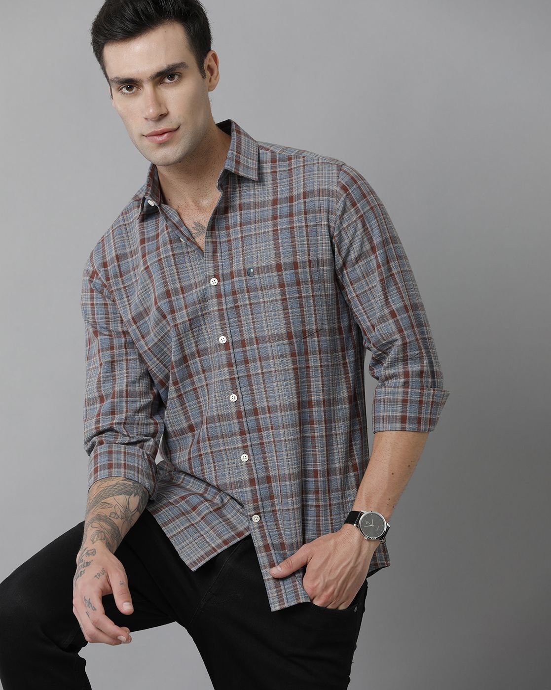 Men's Blended Linen Brown Checked Contemporary Fit Full Sleeve Sleeve Casual Shirt