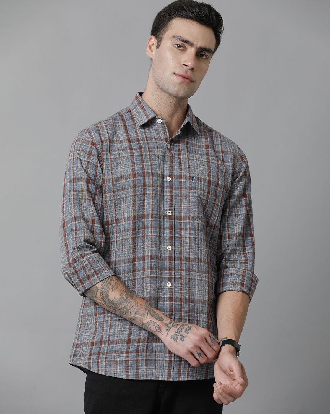Men's Blended Linen Brown Checked Contemporary Fit Full Sleeve Sleeve Casual Shirt