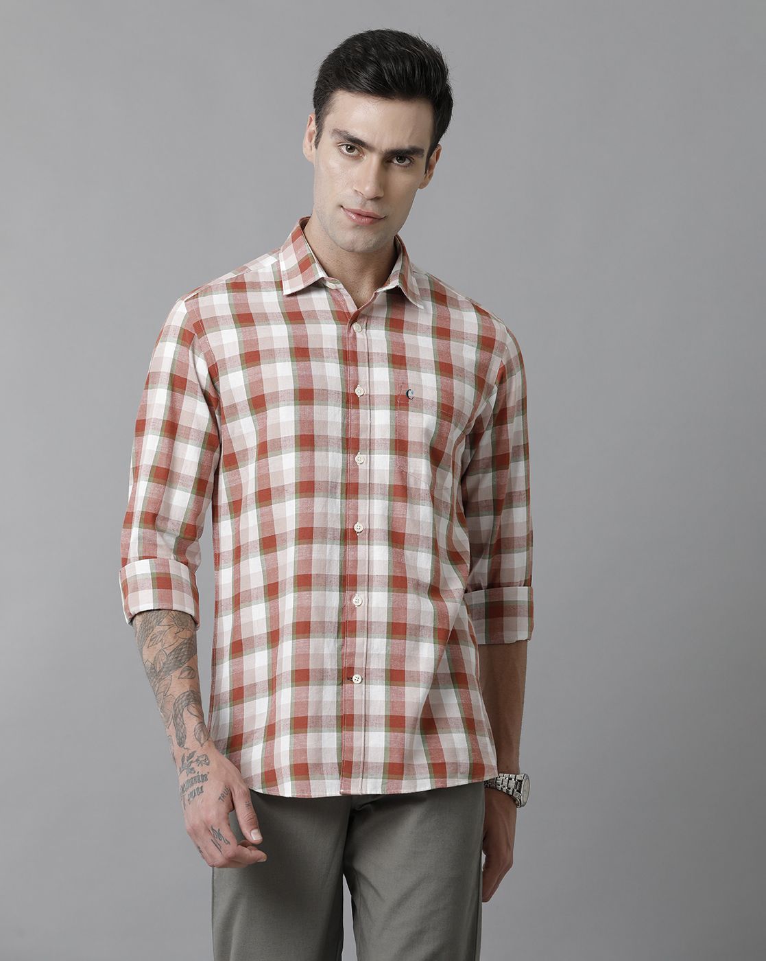 Men's Blended Linen Red Checked Contemporary Fit Full Sleeve Sleeve Casual Shirt