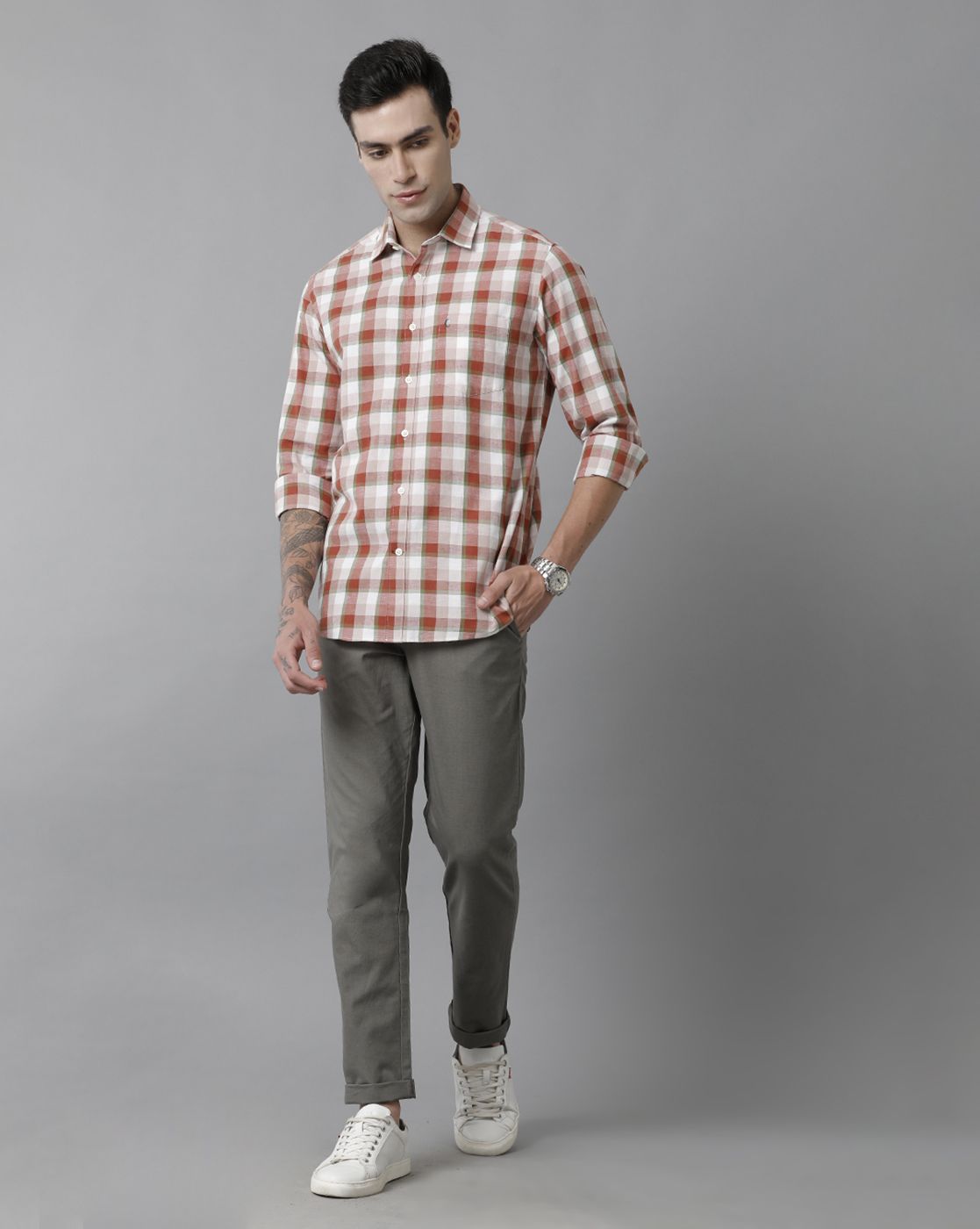 Men's Blended Linen Red Checked Contemporary Fit Full Sleeve Sleeve Casual Shirt