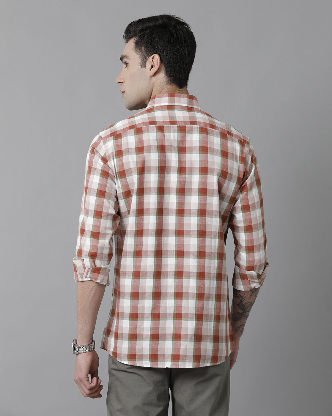 Men's Blended Linen Red Checked Contemporary Fit Full Sleeve Sleeve Casual Shirt