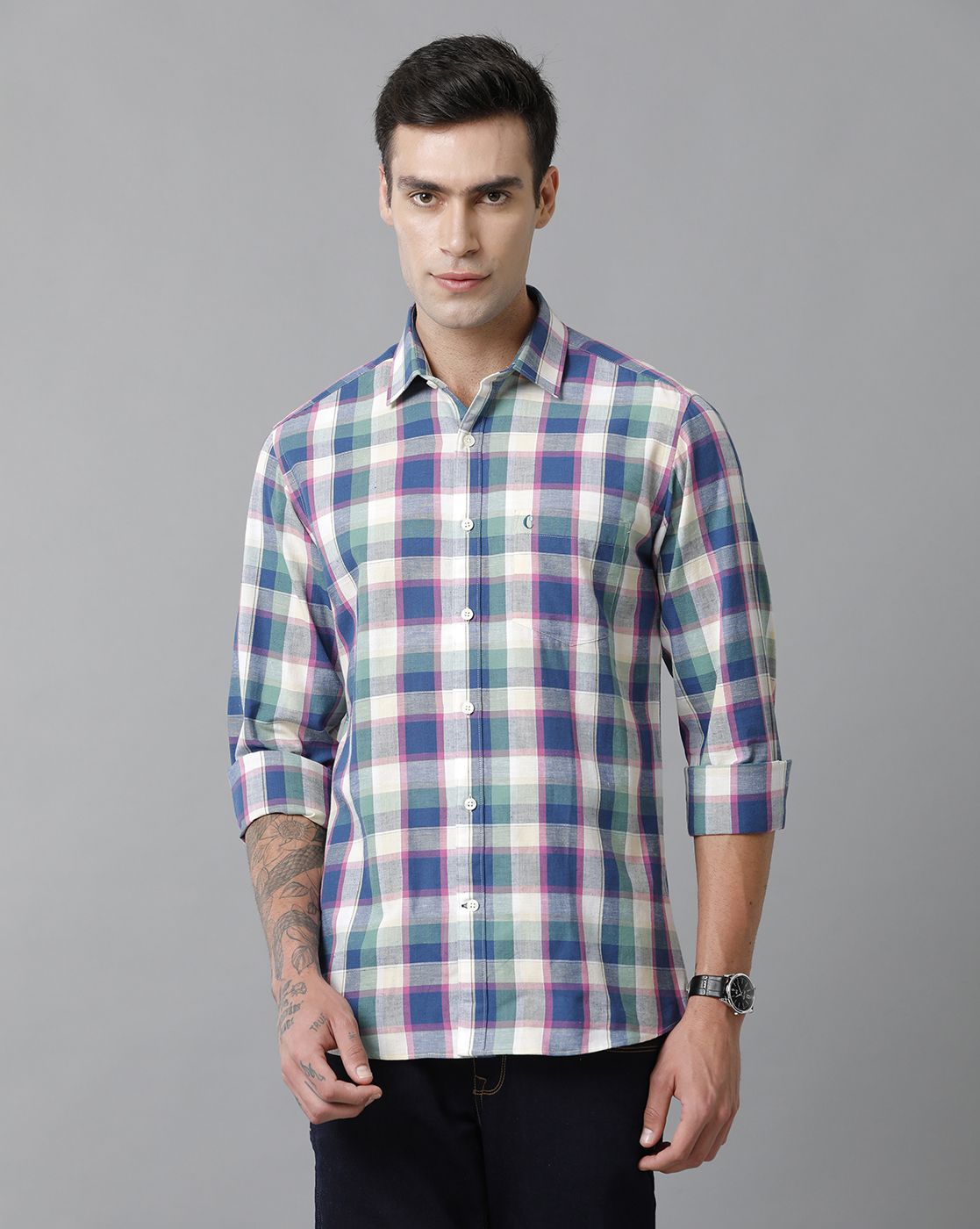 Cavallo By Linen Club Men's Cotton Linen Blue checked Slim Fit Full Sleeve Casual Shirt