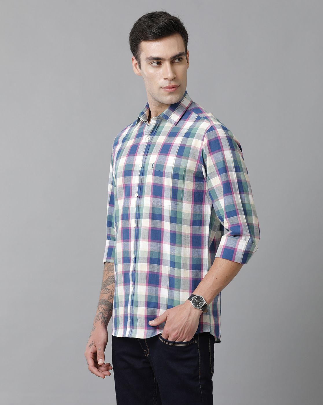 Cavallo By Linen Club Men's Cotton Linen Blue checked Slim Fit Full Sleeve Casual Shirt