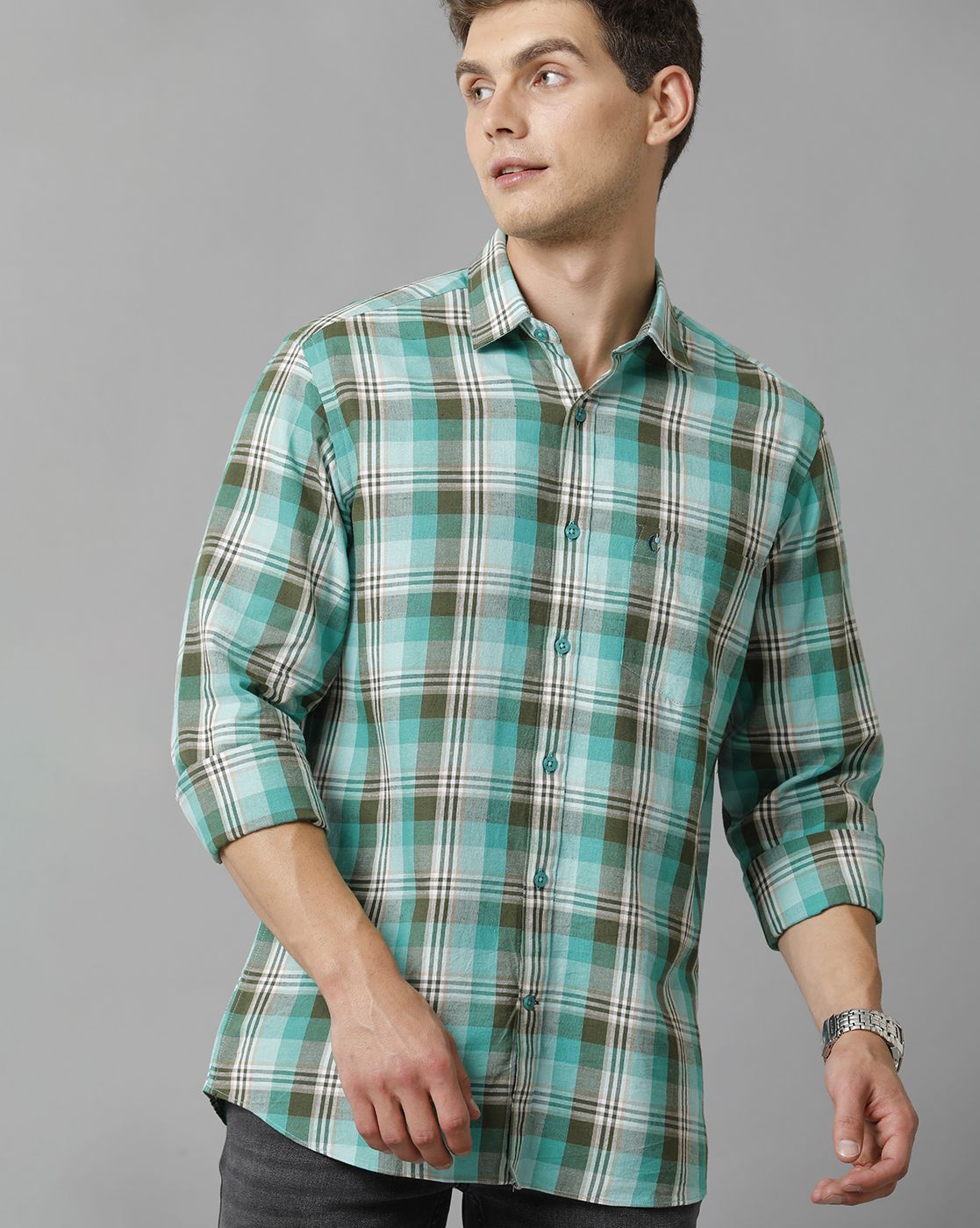 Cavallo By Linen Club Men's Cotton Linen Green checked Slim Fit Full Sleeve Casual Shirt