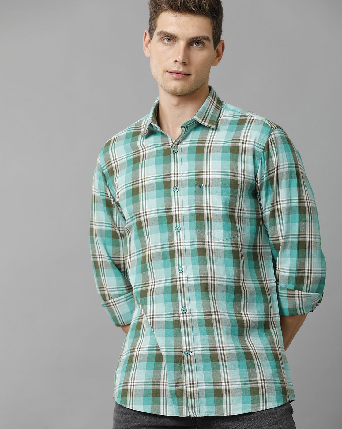 Cavallo By Linen Club Men's Cotton Linen Green checked Slim Fit Full Sleeve Casual Shirt