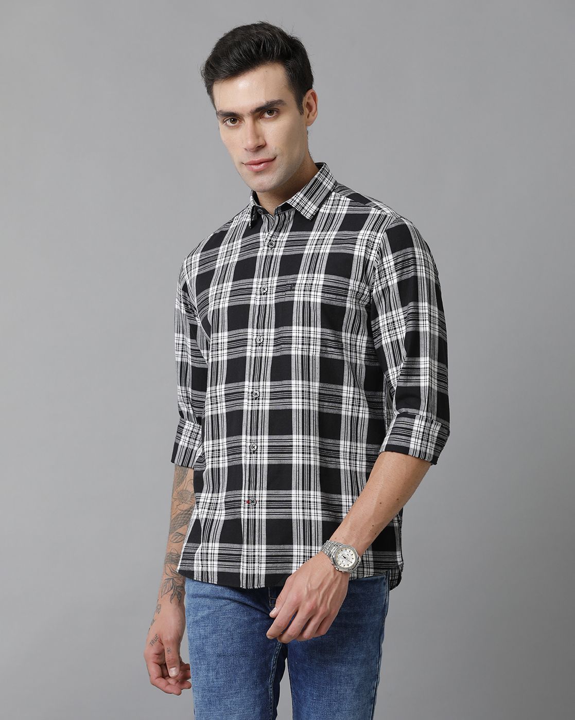 Men's Blended Linen Black Checked Contemporary Fit Full Sleeve Sleeve Casual Shirt