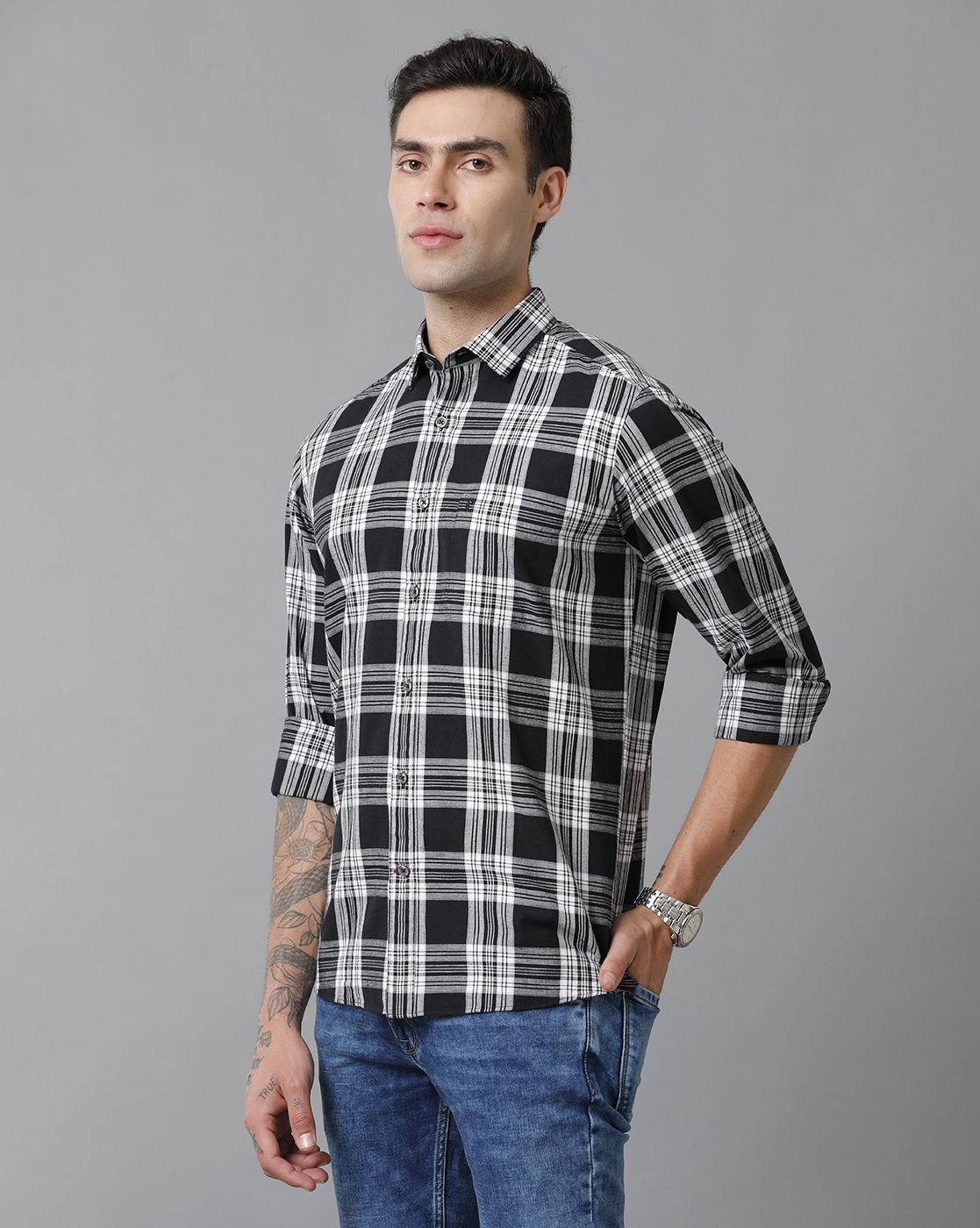 Men's Blended Linen Black Checked Contemporary Fit Full Sleeve Sleeve Casual Shirt