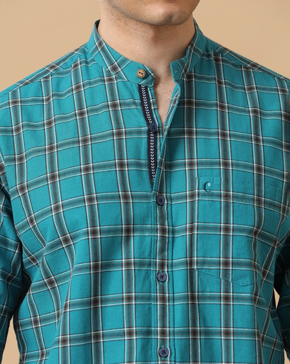 Cavallo By Linen Club Men's Cotton Linen Turquoise Blue Checks Regular Fit Full Sleeve Casual Shirt