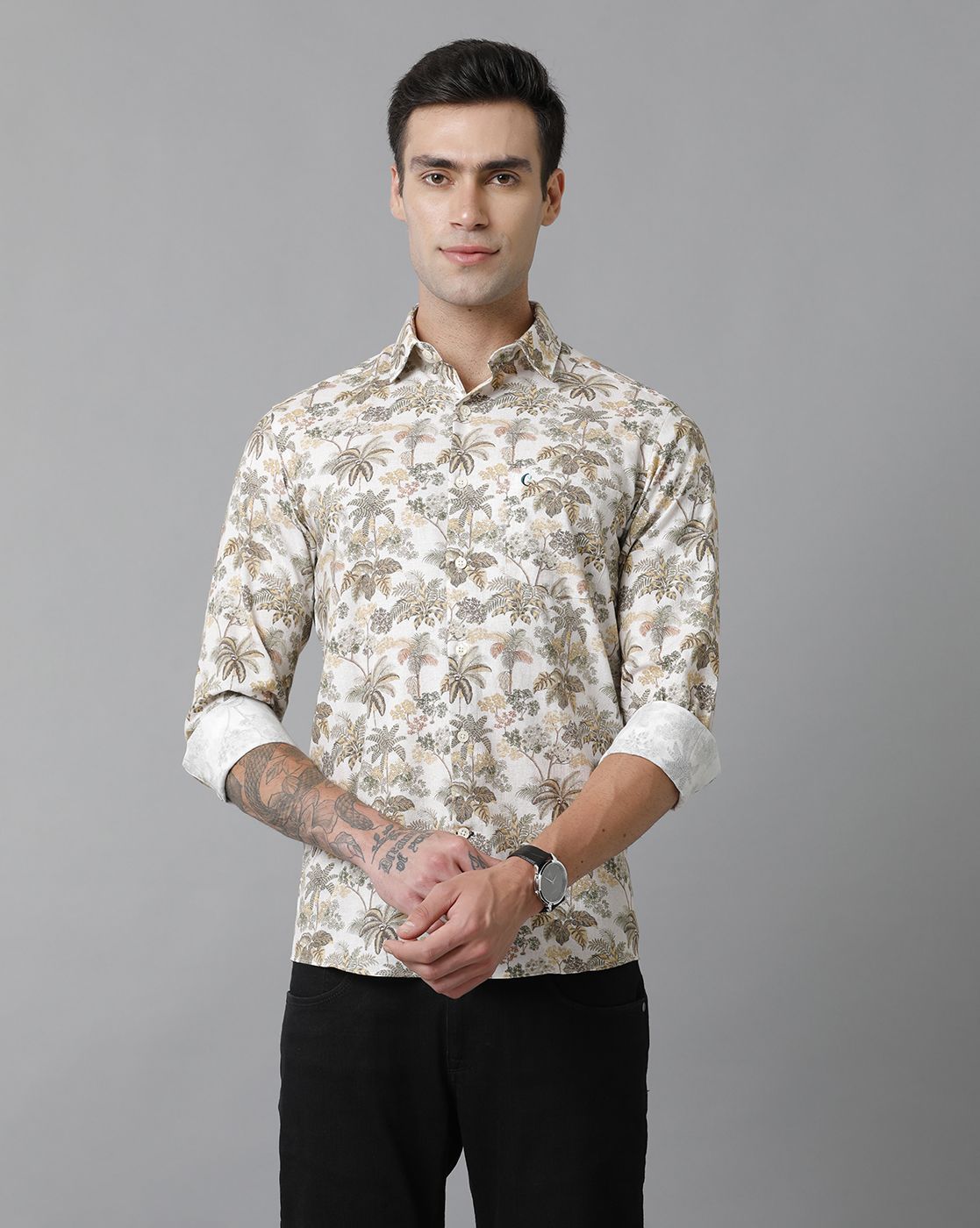 Men's Blended Linen Multicolor Printed Contemporary Fit Full Sleeve Sleeve Casual Shirt