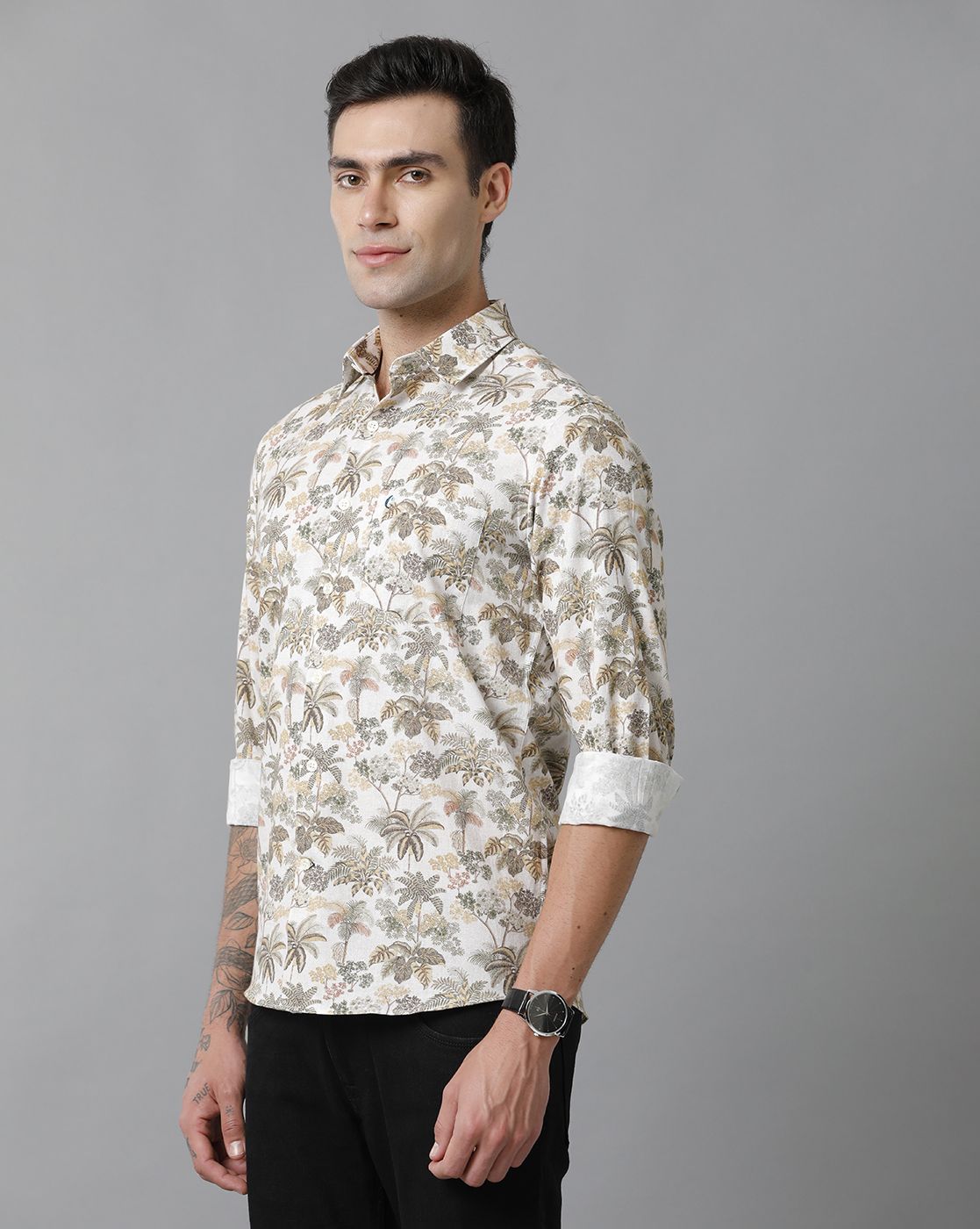 Men's Blended Linen Multicolor Printed Contemporary Fit Full Sleeve Sleeve Casual Shirt
