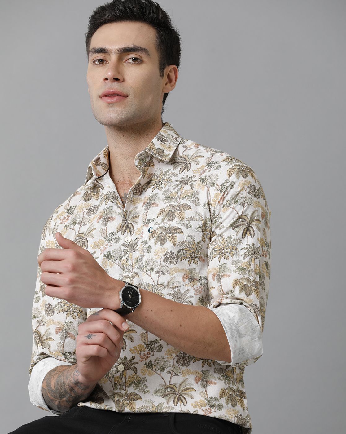 Men's Blended Linen Multicolor Printed Contemporary Fit Full Sleeve Sleeve Casual Shirt