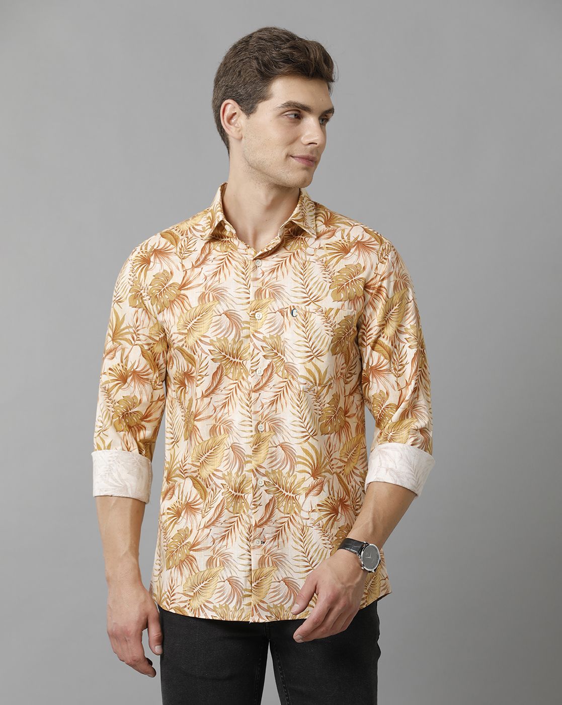Men's Blended Linen Multicolor Printed Contemporary Fit Full Sleeve Sleeve Casual Shirt