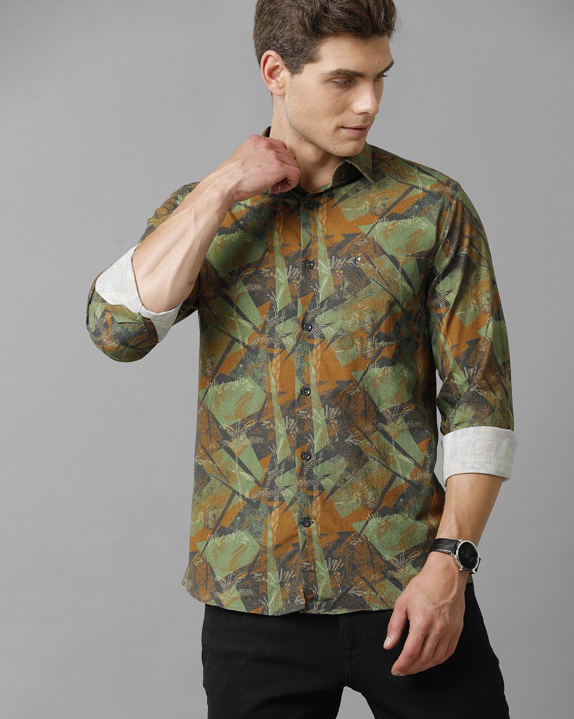 Men's Blended Linen Multicolor Printed Contemporary Fit Full Sleeve Sleeve Casual Shirt