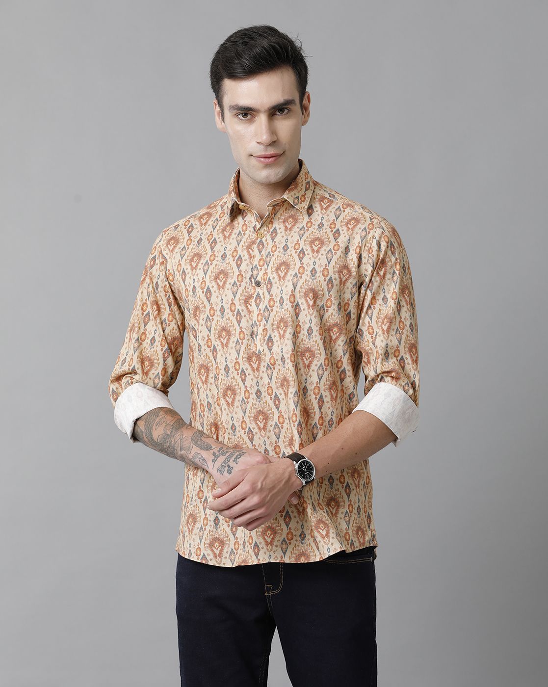 Men's Blended Linen Multicolor Printed Contemporary Fit Full Sleeve Sleeve Casual Shirt