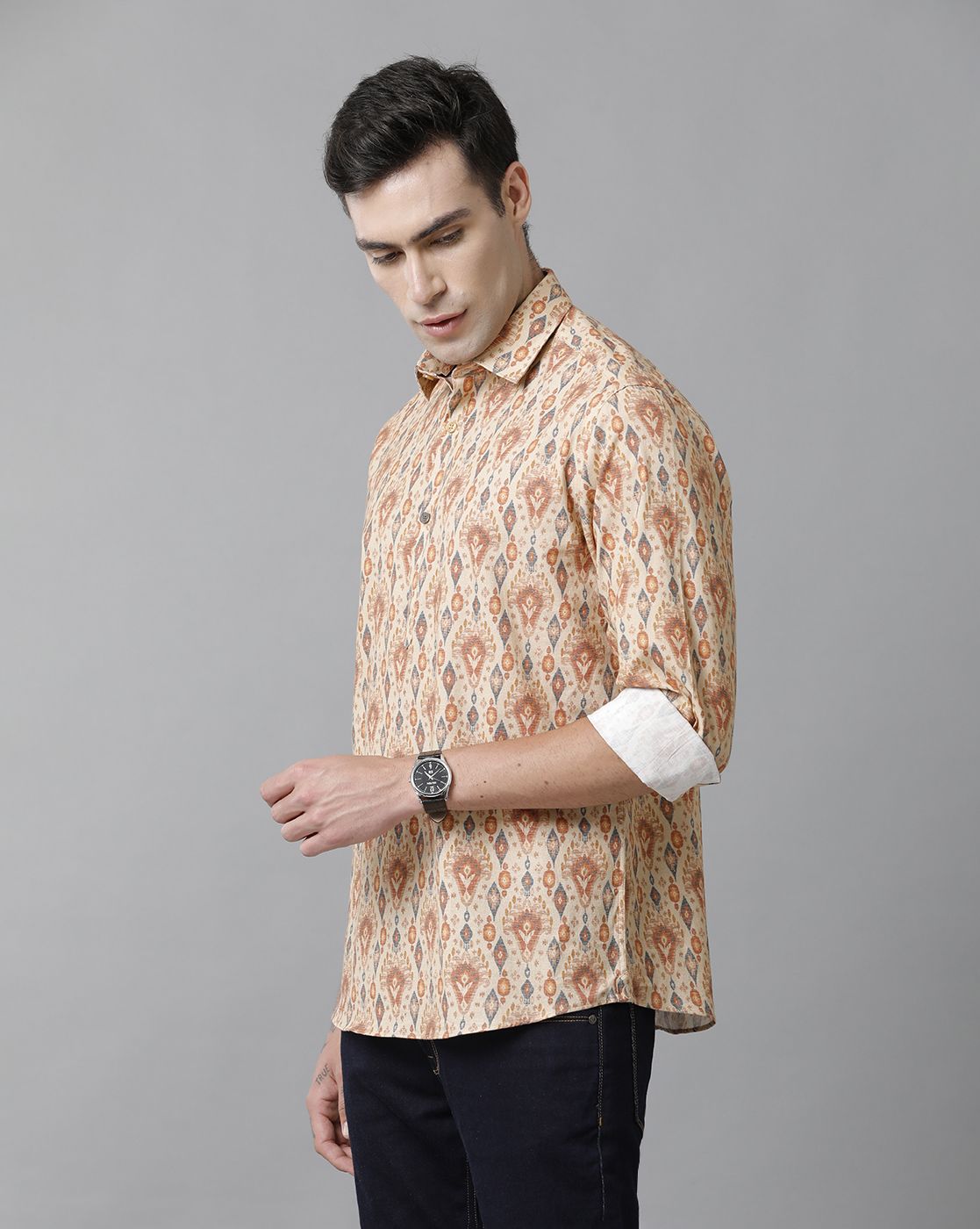 Men's Blended Linen Multicolor Printed Contemporary Fit Full Sleeve Sleeve Casual Shirt