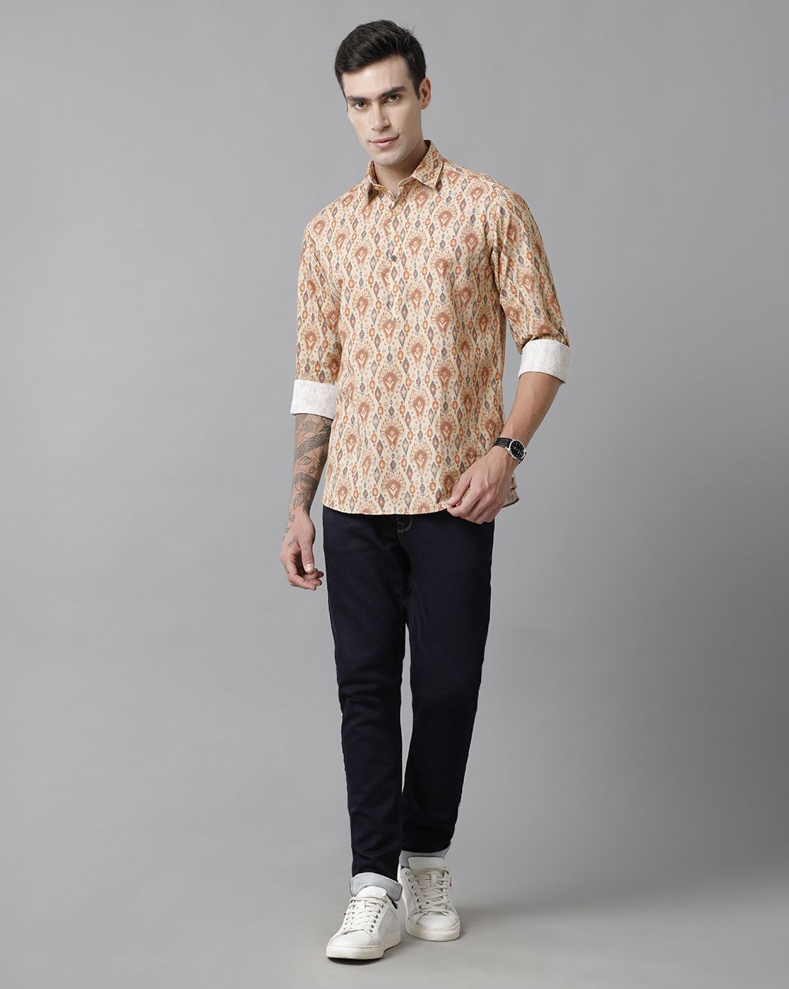 Men's Blended Linen Multicolor Printed Contemporary Fit Full Sleeve Sleeve Casual Shirt