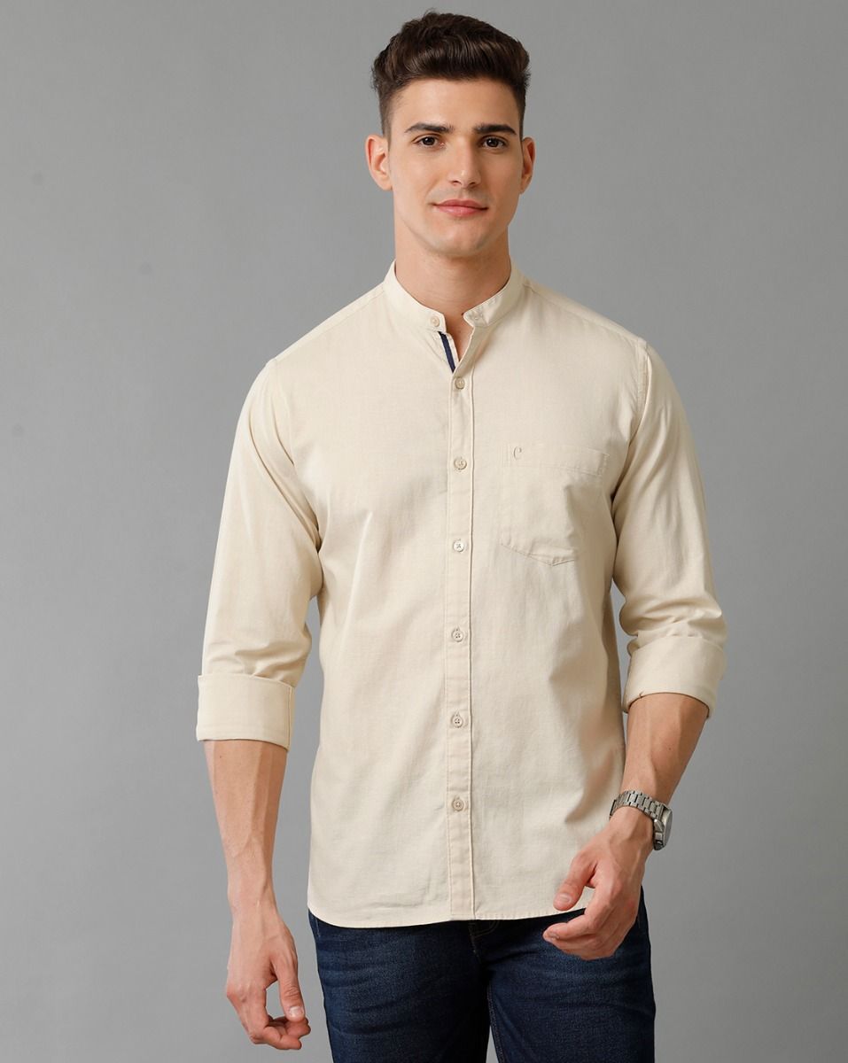 Men's Blended Linen Beige Solid Contemporary Fit Full Sleeve Sleeve Casual Shirt