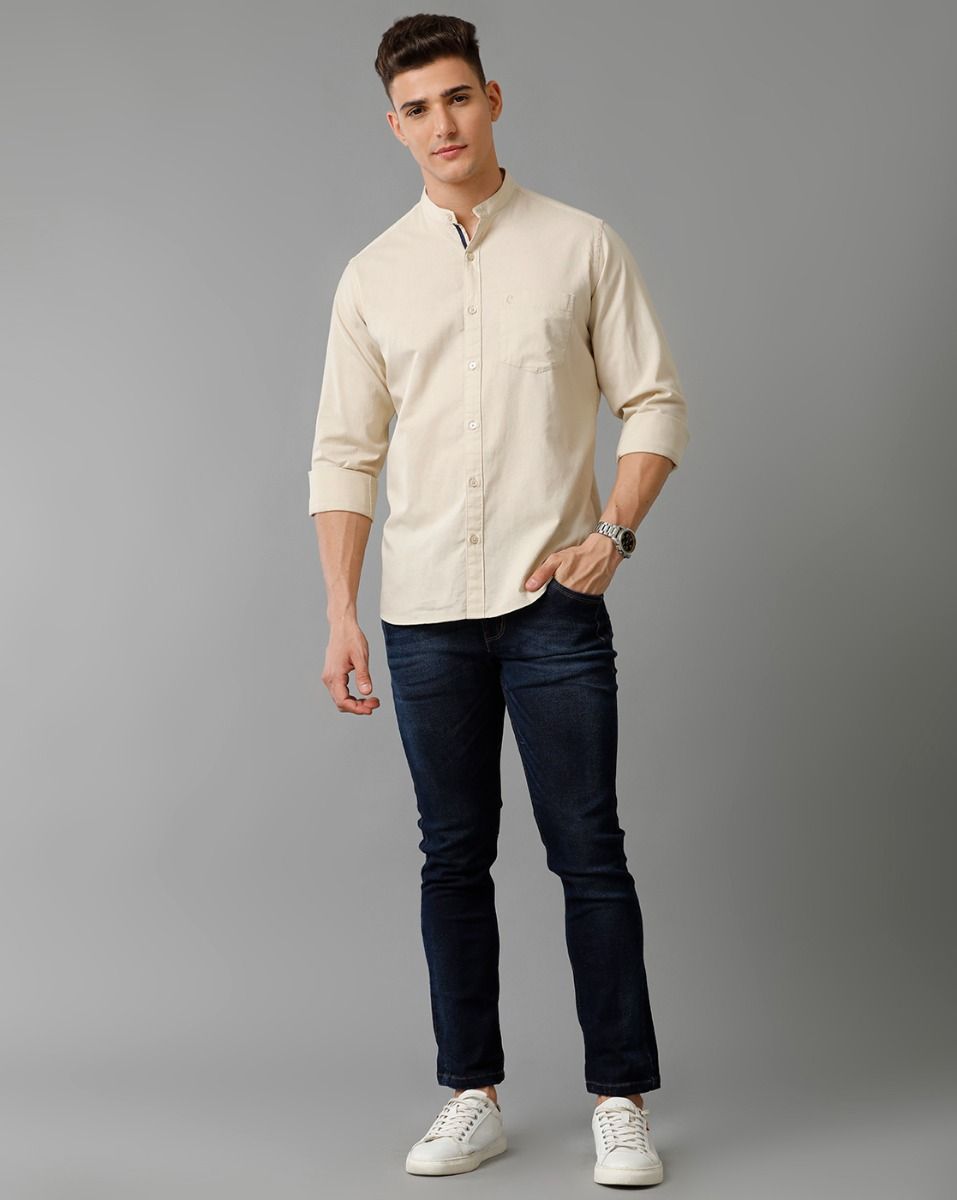 Men's Blended Linen Beige Solid Contemporary Fit Full Sleeve Sleeve Casual Shirt