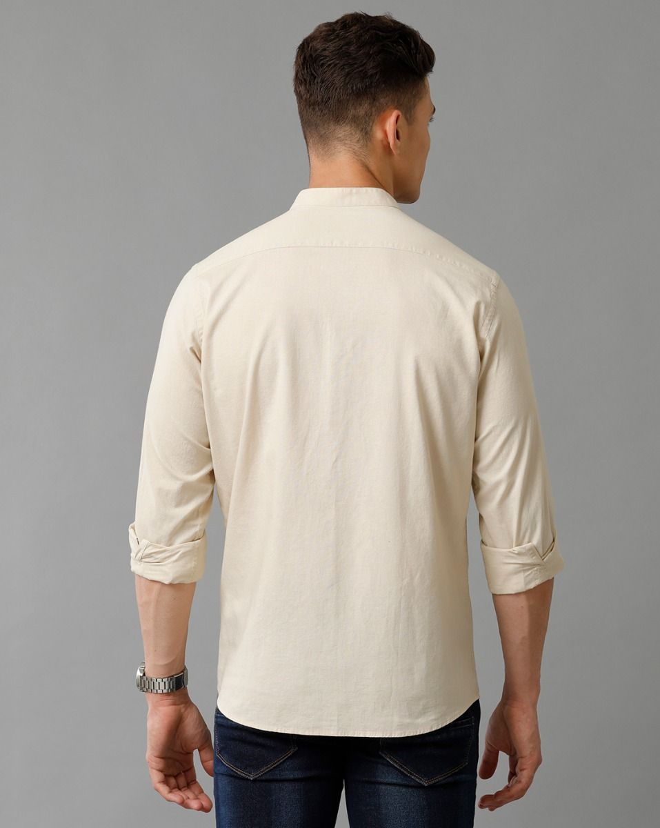 Men's Blended Linen Beige Solid Contemporary Fit Full Sleeve Sleeve Casual Shirt