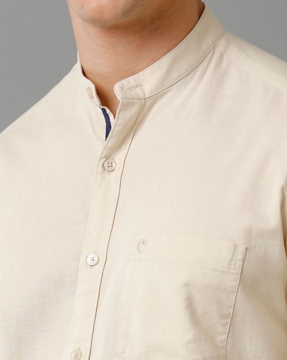 Men's Blended Linen Beige Solid Contemporary Fit Full Sleeve Sleeve Casual Shirt