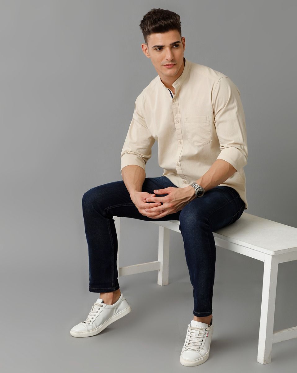 Men's Blended Linen Beige Solid Contemporary Fit Full Sleeve Sleeve Casual Shirt