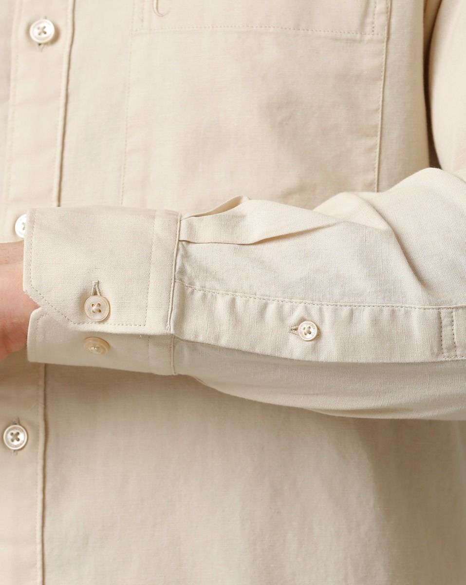 Men's Blended Linen Beige Solid Contemporary Fit Full Sleeve Sleeve Casual Shirt