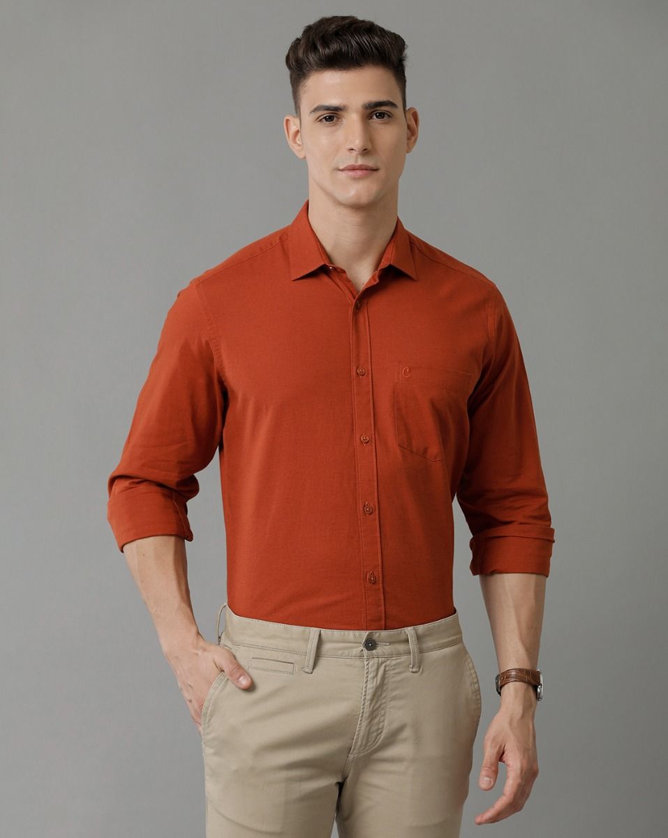 Cavallo By Linen Club Men's Cotton Linen Orange Solid Slim Fit Full Sleeve Smart Casual Shirt