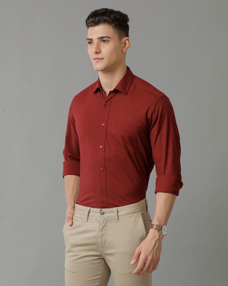 Cavallo By Linen Club Men's Cotton Linen Maroon Solid Slim Fit Full Sleeve Smart Casual Shirt