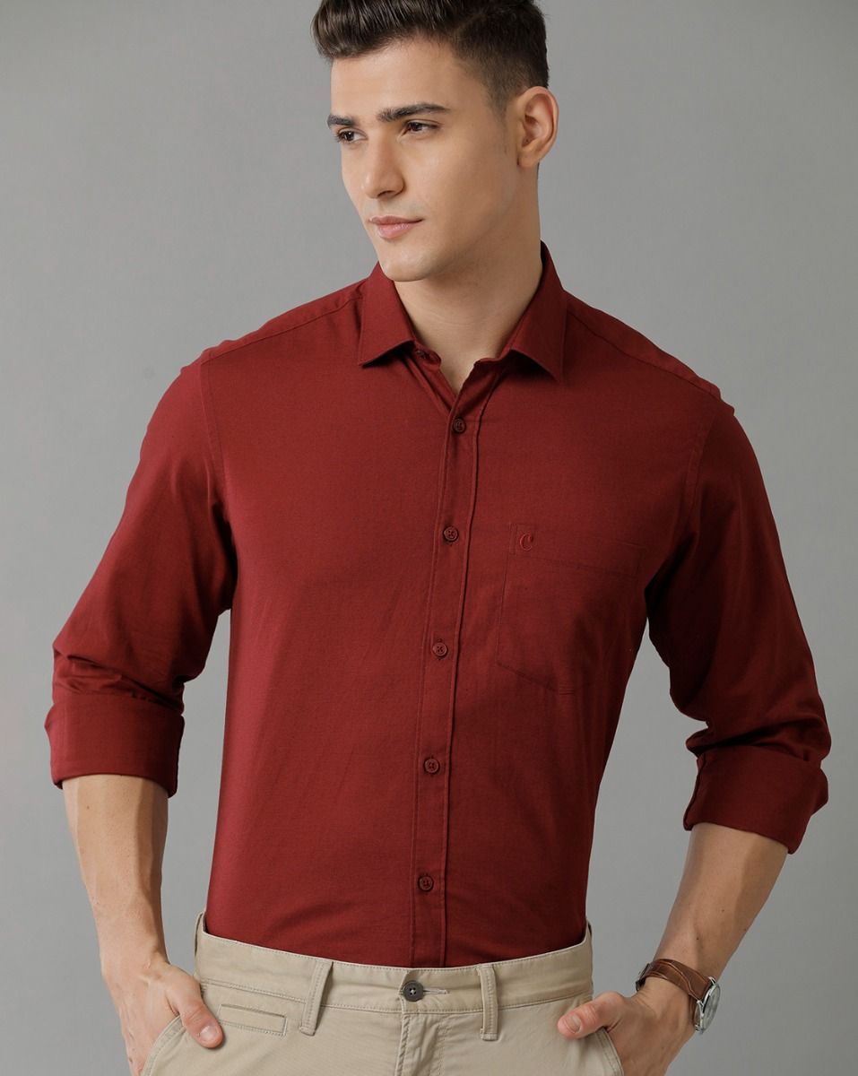 Cavallo By Linen Club Men's Cotton Linen Maroon Solid Slim Fit Full Sleeve Smart Casual Shirt