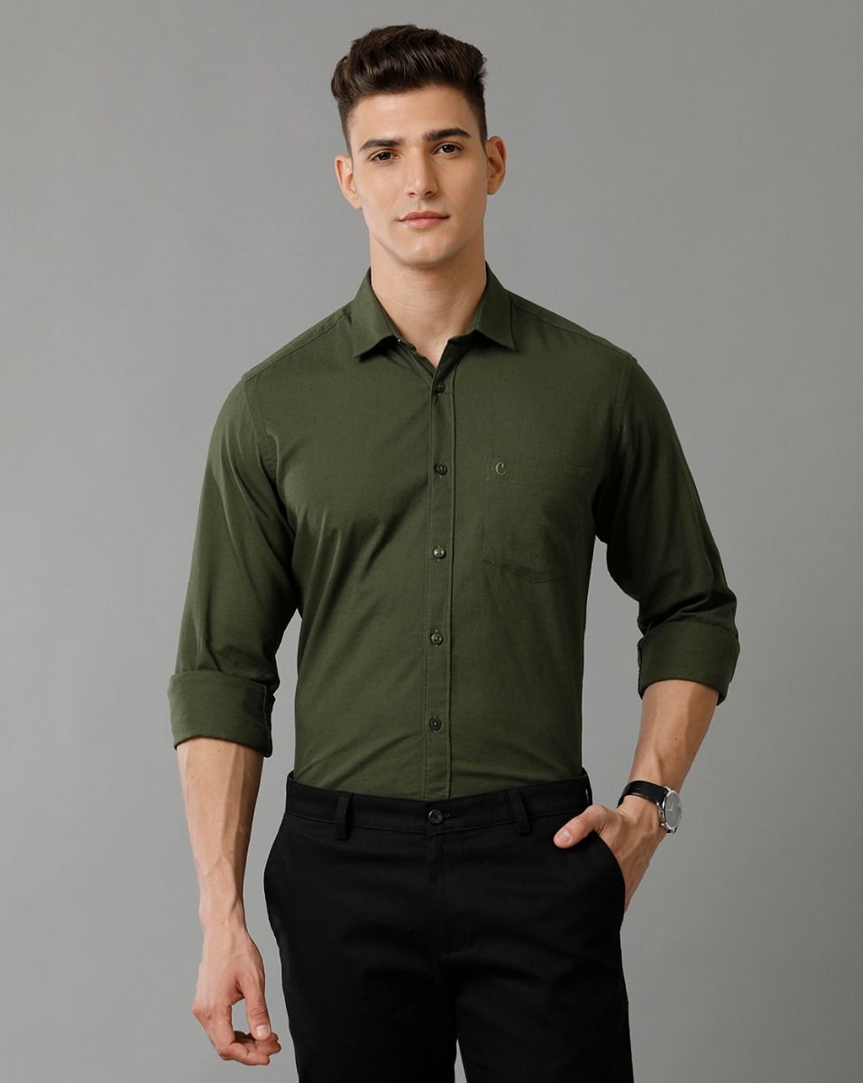 Cavallo By Linen Club Men's Cotton Linen Green Solid Slim Fit Full Sleeve Smart Casual Shirt