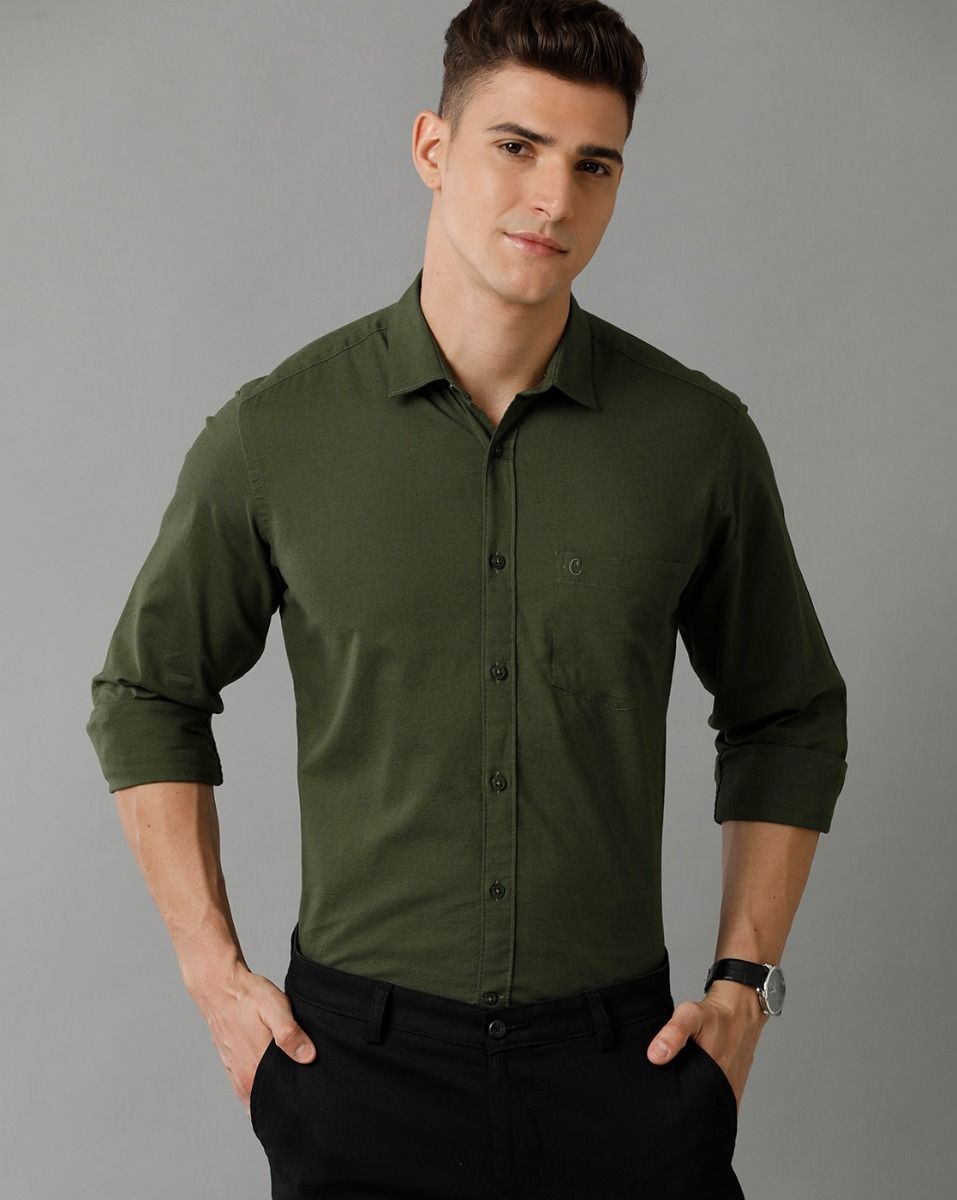 Cavallo By Linen Club Men's Cotton Linen Green Solid Slim Fit Full Sleeve Smart Casual Shirt