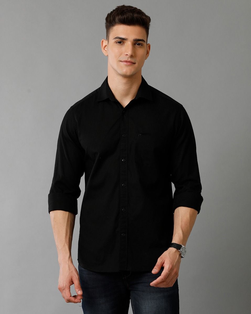 Men's Blended Linen Black Solid Contemporary Fit Full Sleeve Sleeve Casual Shirt
