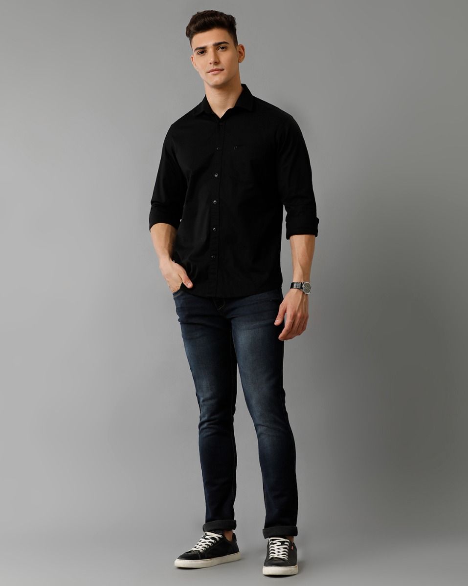 Men's Blended Linen Black Solid Contemporary Fit Full Sleeve Sleeve Casual Shirt