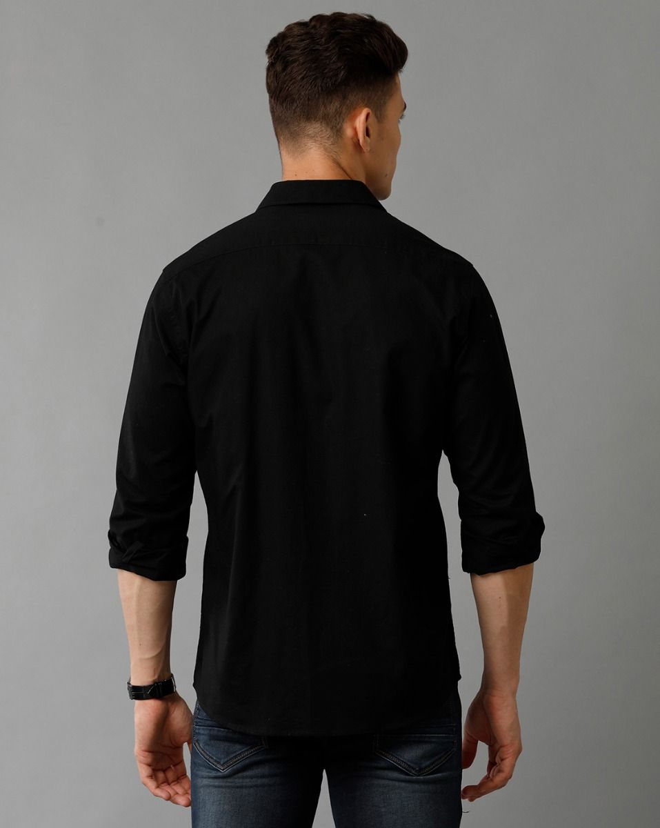 Men's Blended Linen Black Solid Contemporary Fit Full Sleeve Sleeve Casual Shirt