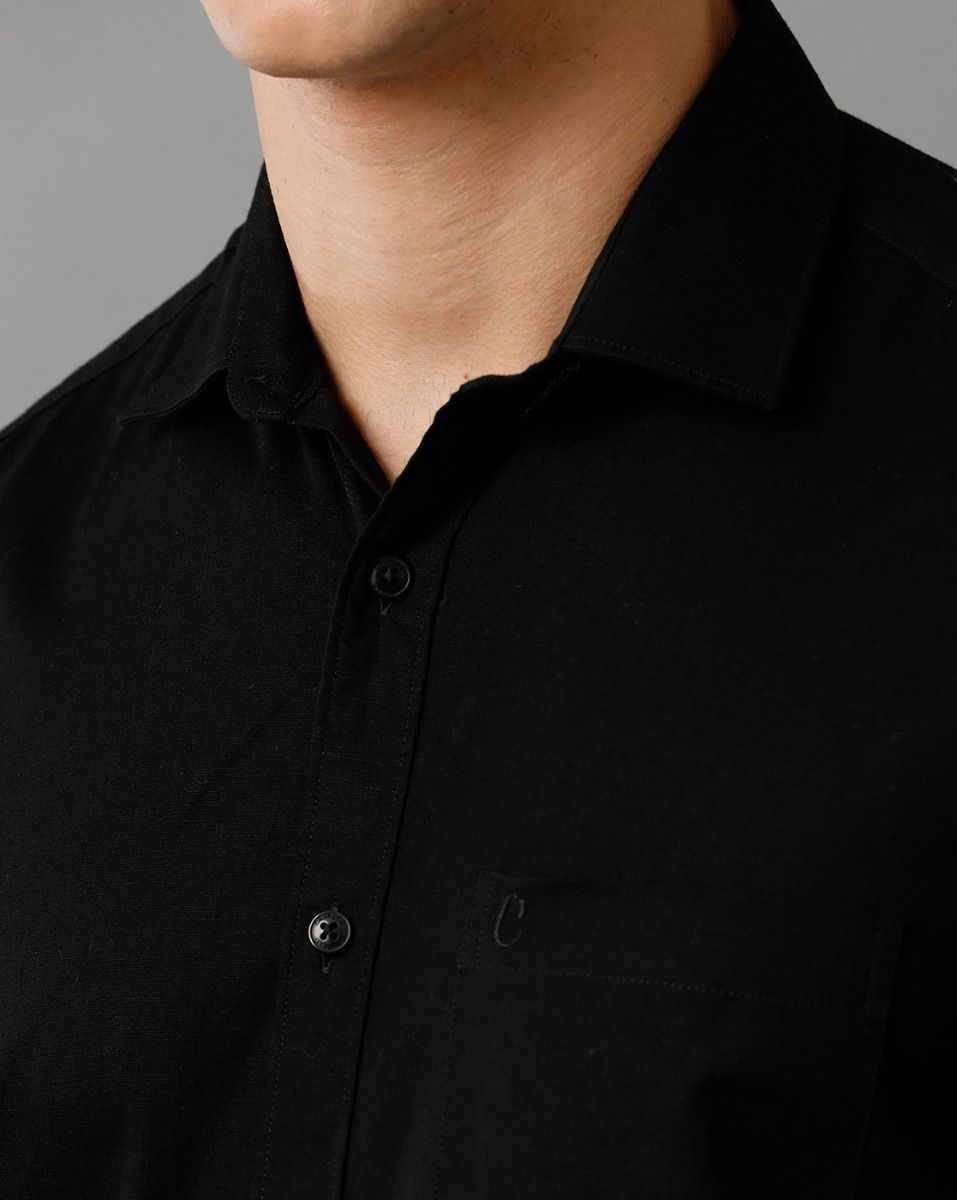 Men's Blended Linen Black Solid Contemporary Fit Full Sleeve Sleeve Casual Shirt