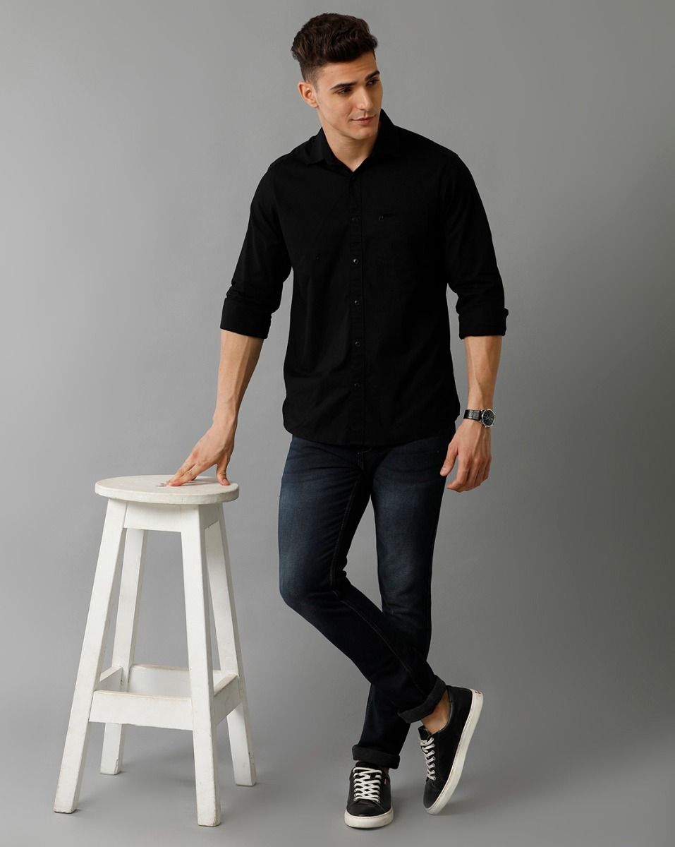 Men's Blended Linen Black Solid Contemporary Fit Full Sleeve Sleeve Casual Shirt
