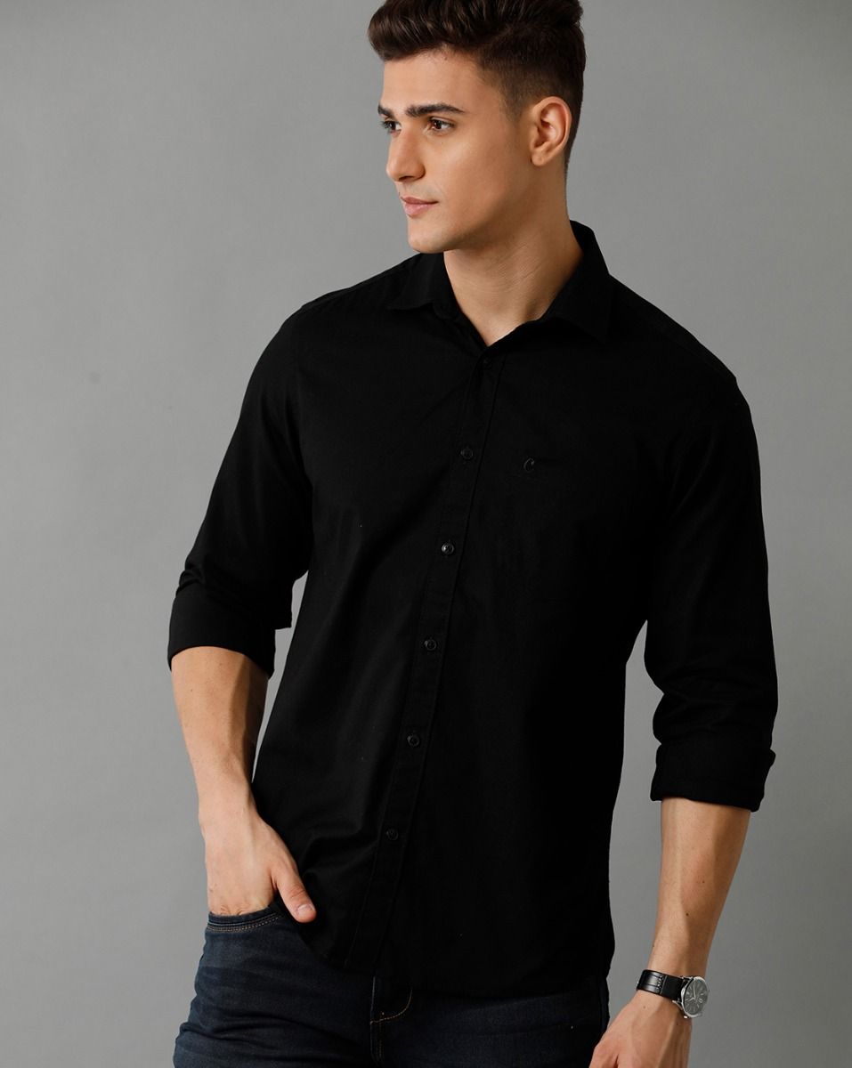 Men's Blended Linen Black Solid Contemporary Fit Full Sleeve Sleeve Casual Shirt
