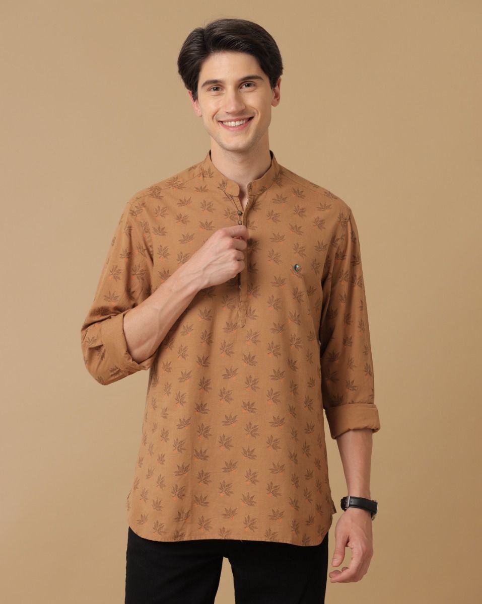 Cavallo By Linen Club Men's Cotton Linen Brown Printed Regular Fit Full Sleeve Casual Shirt